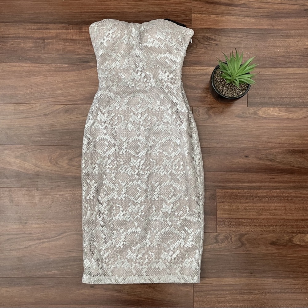 Metallic BEBE strapless dress